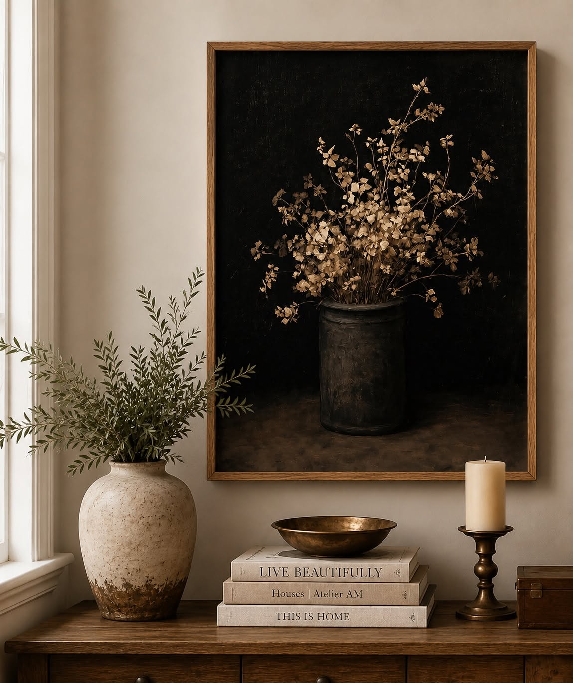 Moody botanical wall print for a cozy interior