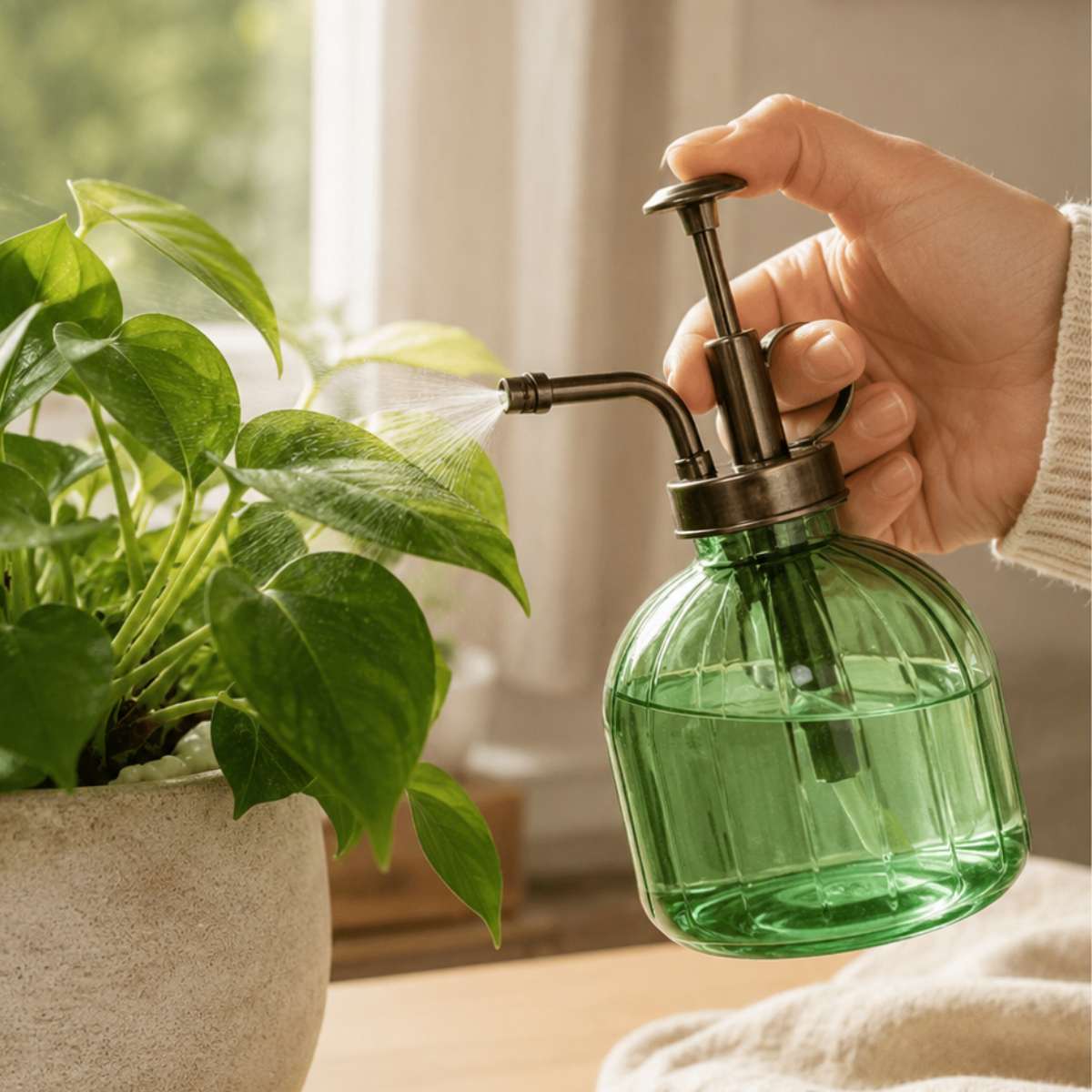 Glass plant mister for shelf styling