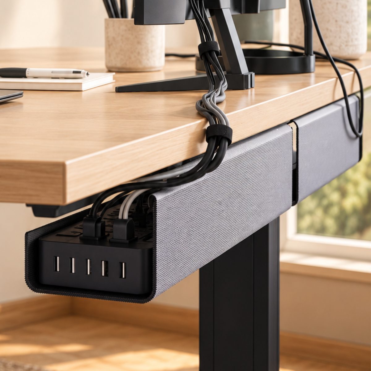 Under desk cable management tray for a clean and organized workspace