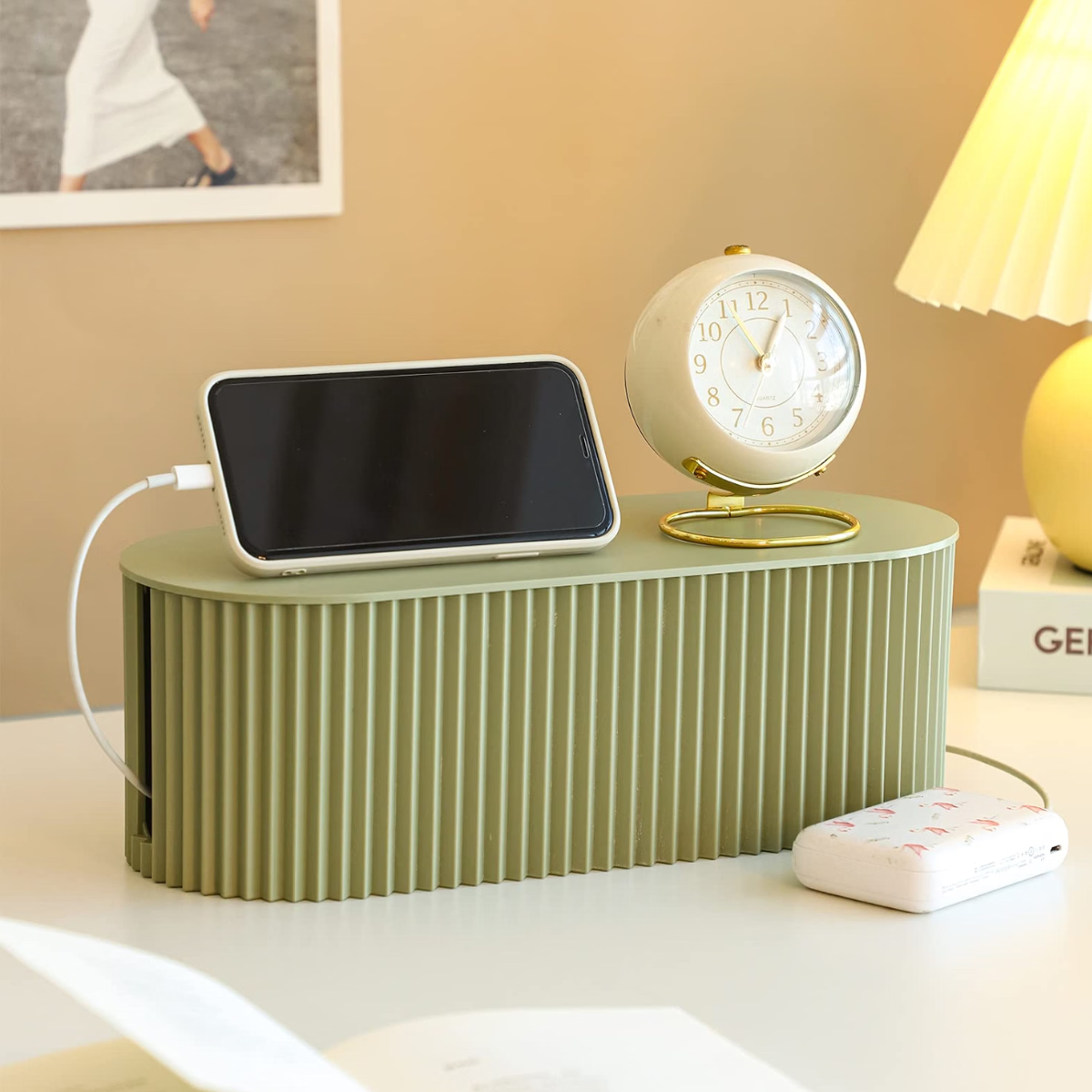 Plastic and colorful cable management box for a clean and organized workspace
