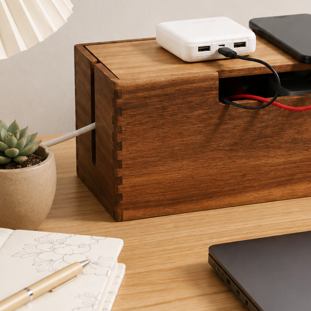 Wooden cable management box for a clean and organized workspace