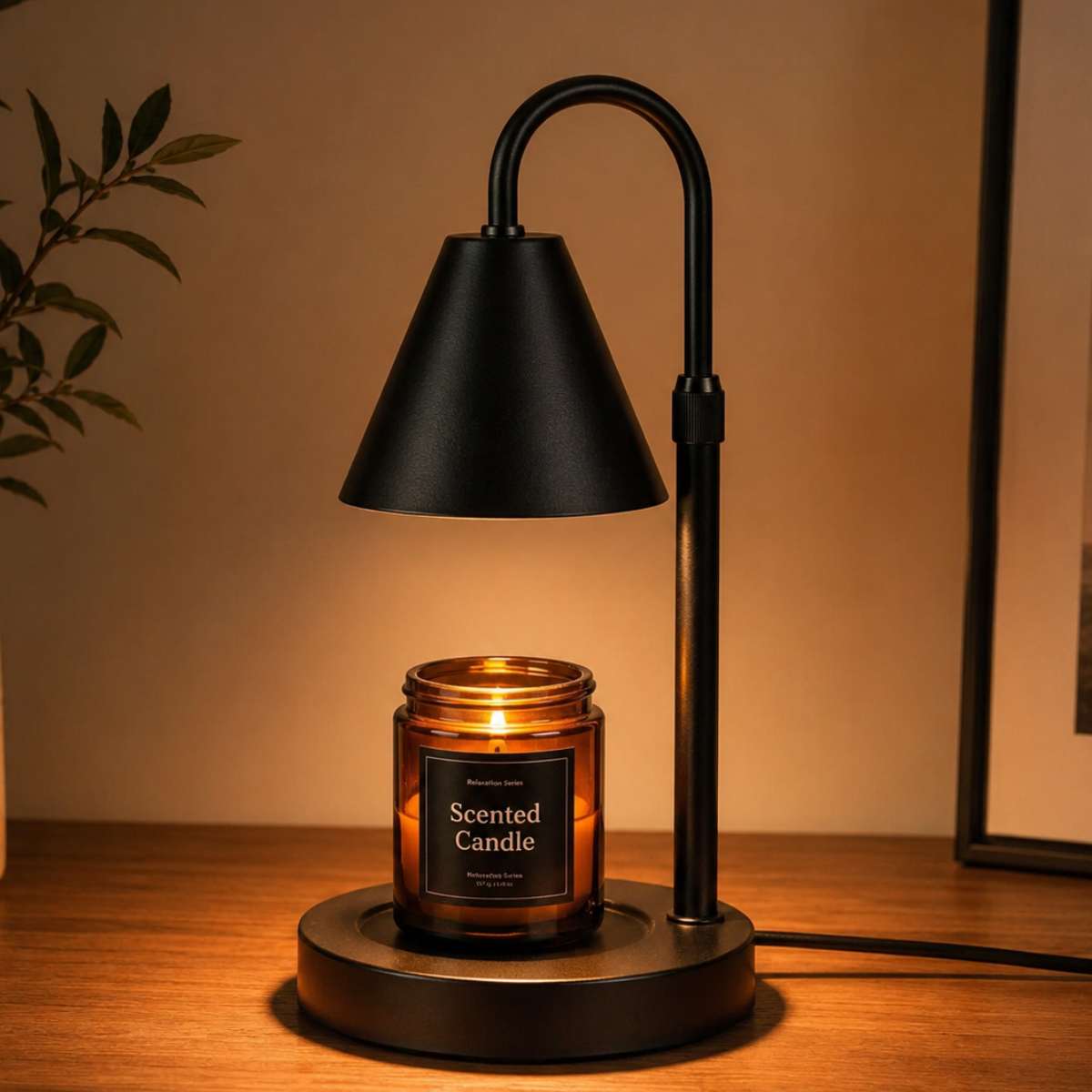 Black metal candle warmer lamp with warm ambient glow on a wooden table