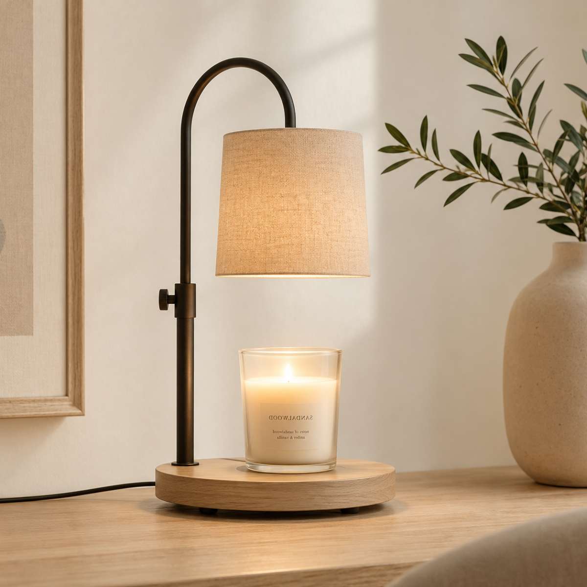 Linen shade candle warmer lamp with warm organic styling and soft evening glow