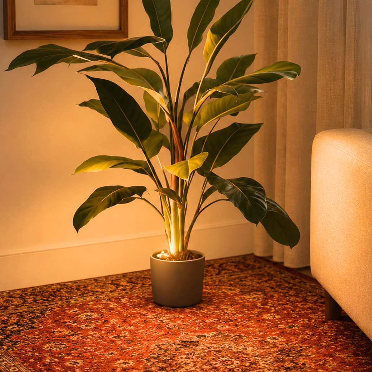 Rechargeable cordless lamp creating warm accent lighting beside a large indoor plant
