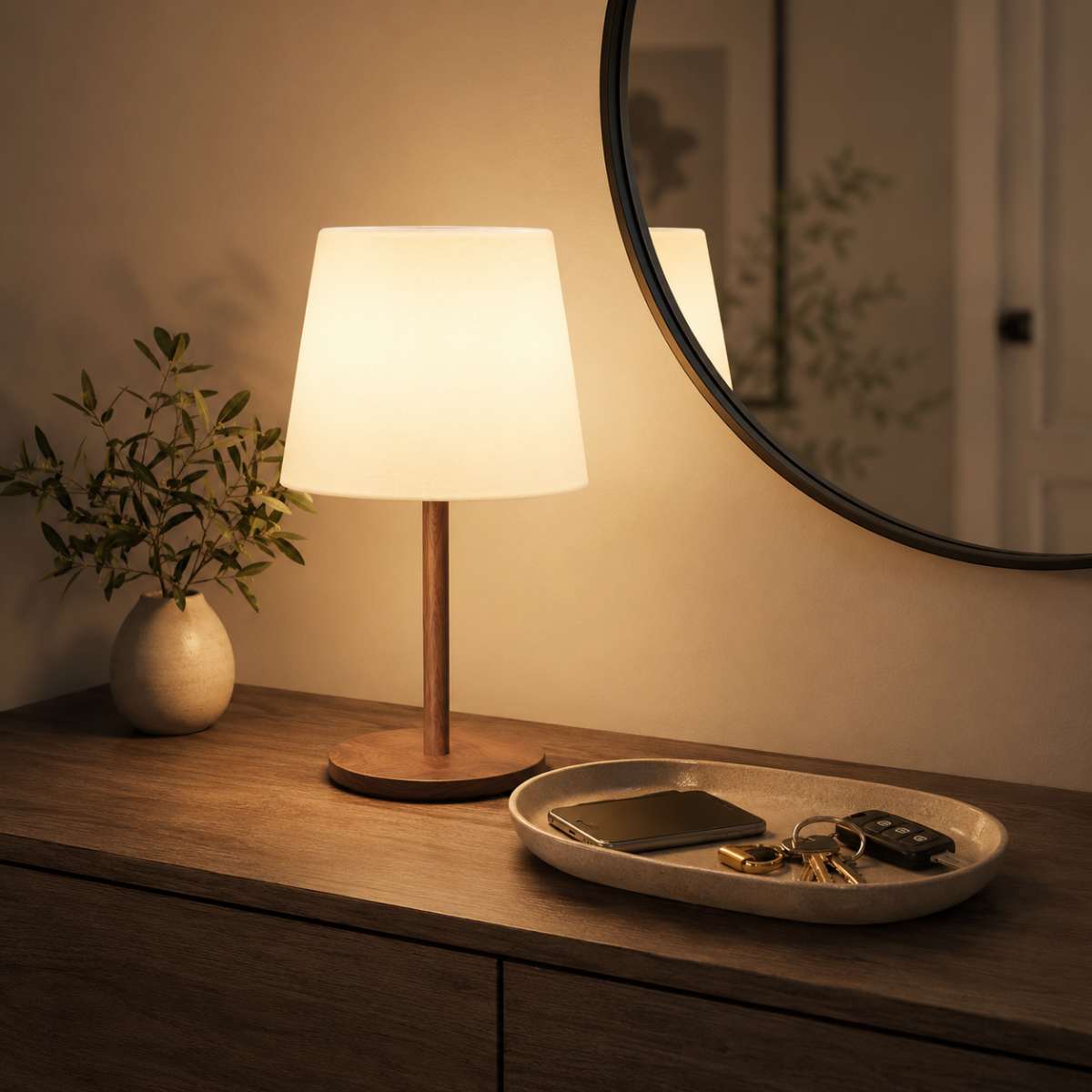 Rechargeable brass cordless lamp styled indoors with warm ambient lighting