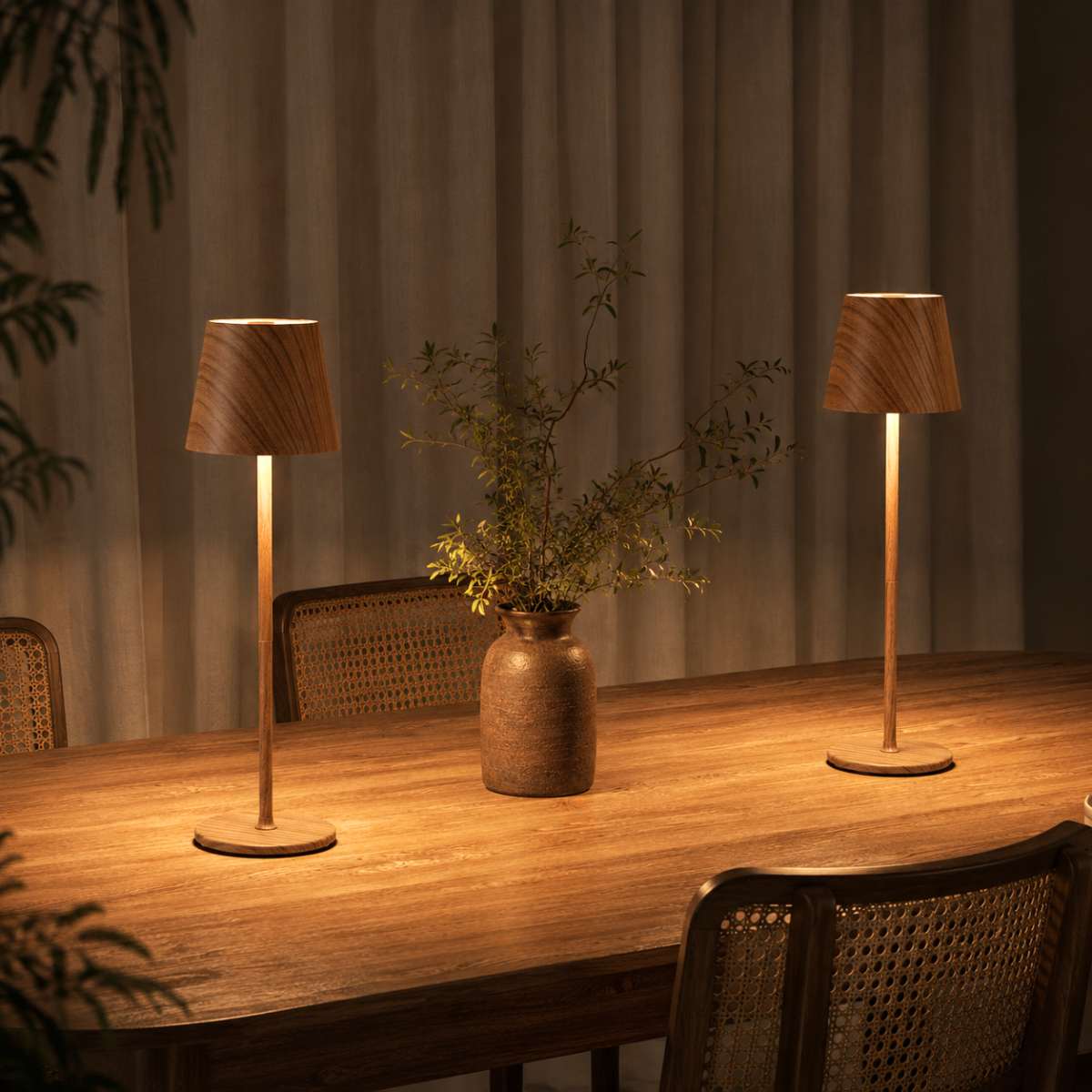 Wood grain cordless table lamps on a dining table with soft ambient evening lighting