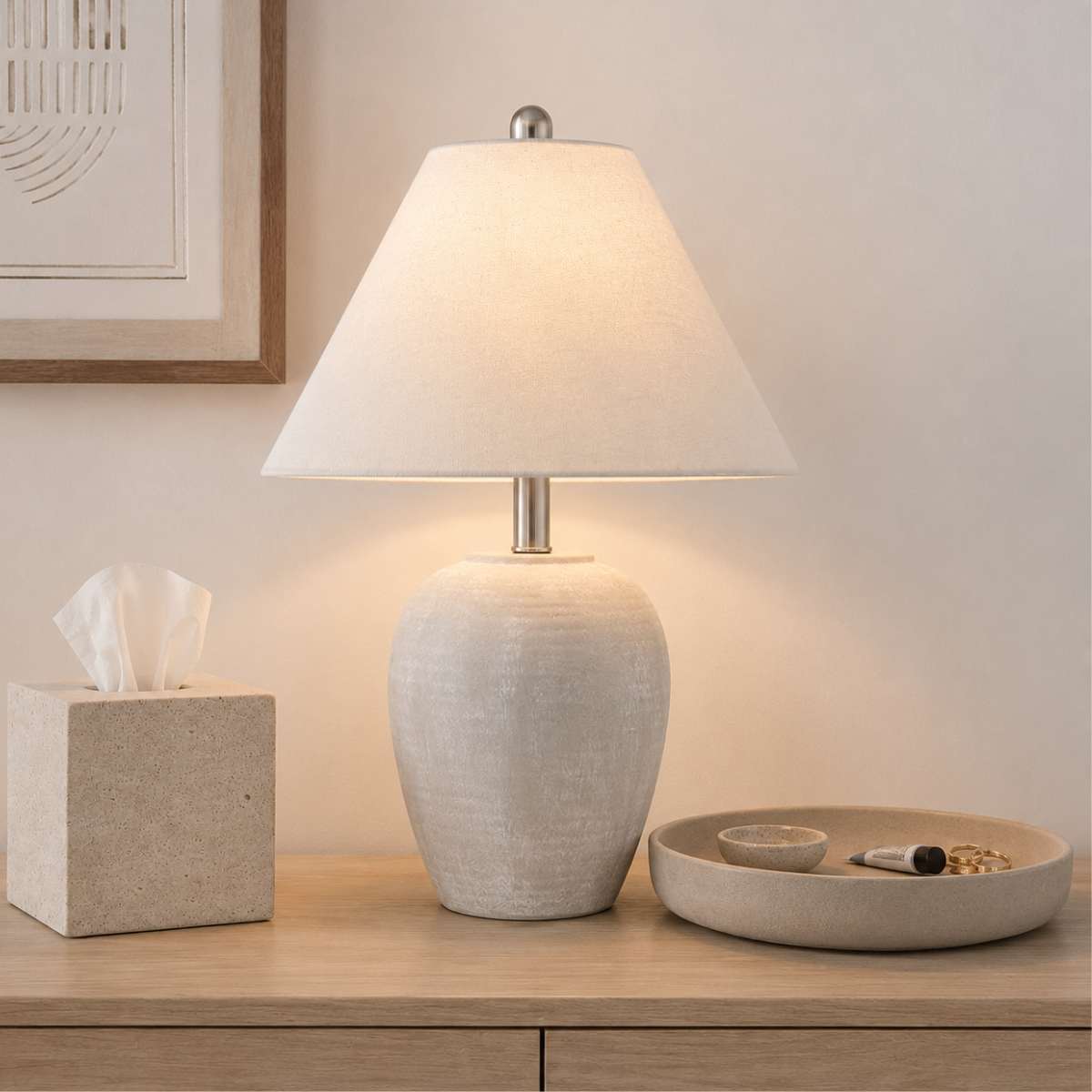 White stone-look ceramic table lamp with tissue box and ceramic catch-all tray