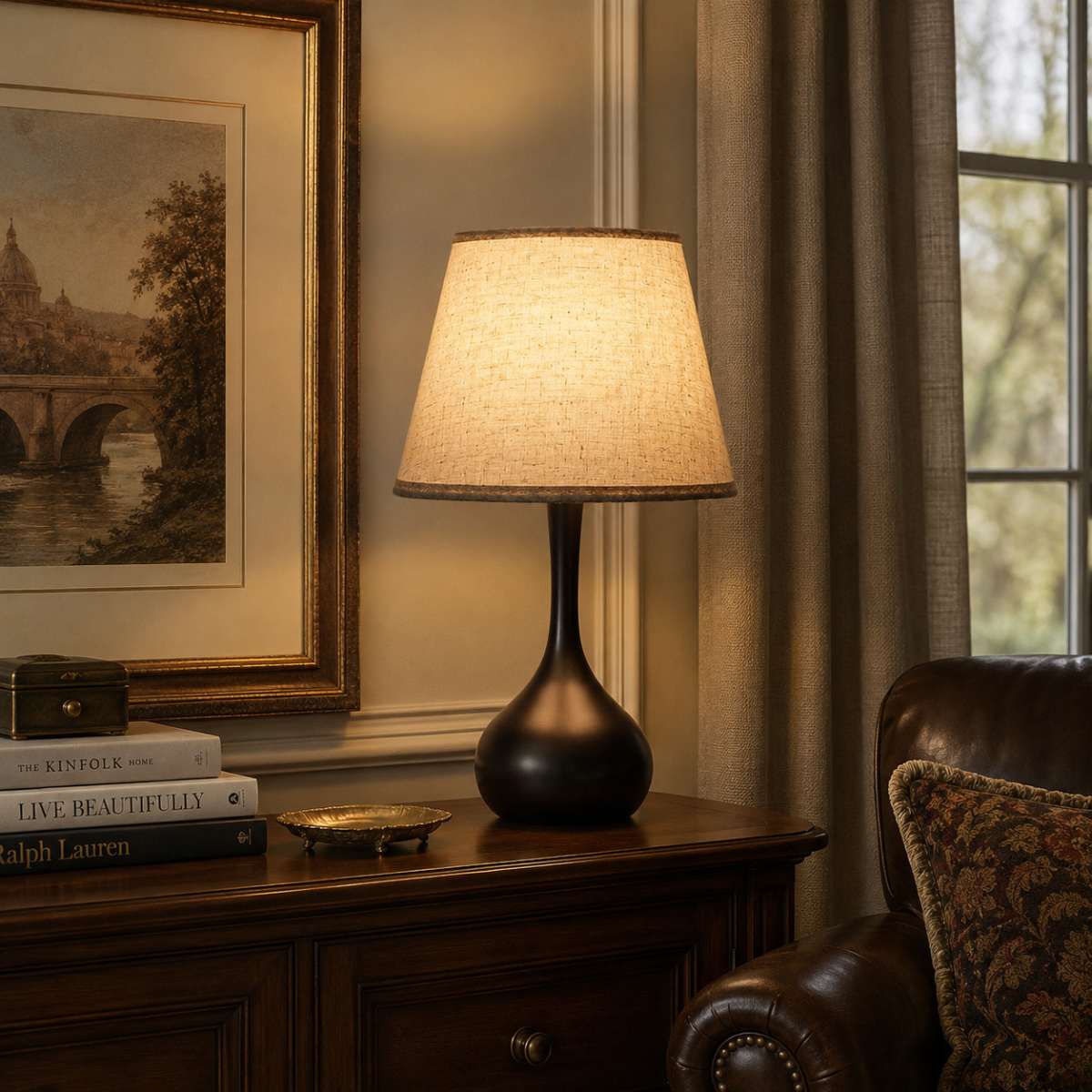 Slim dark bronze table lamp with classic framed art and warm lighting