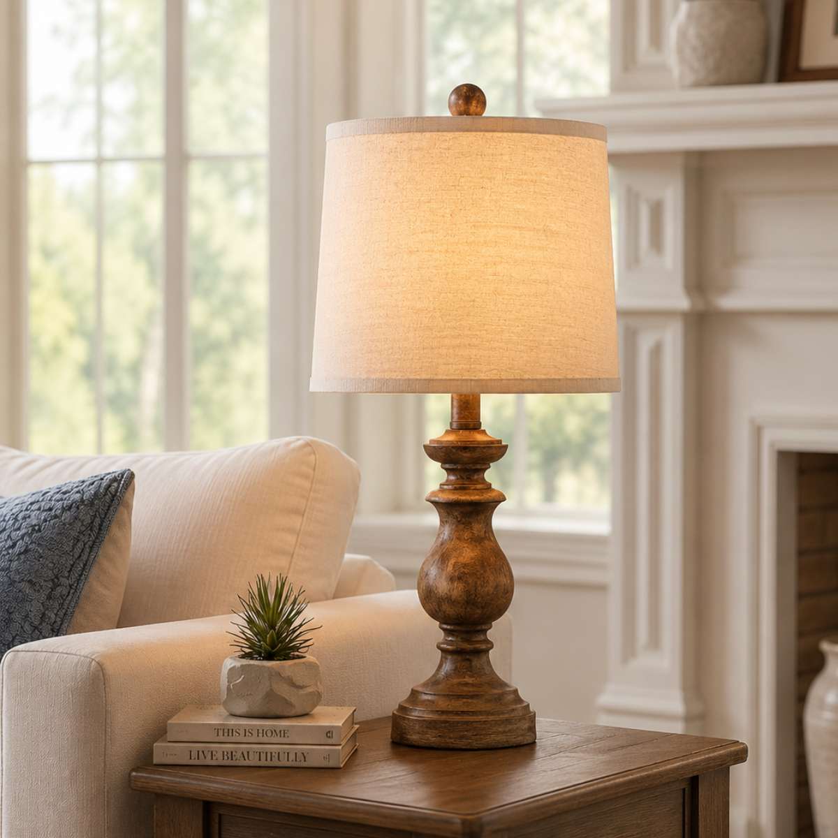 classical wood table lamp with linen shade