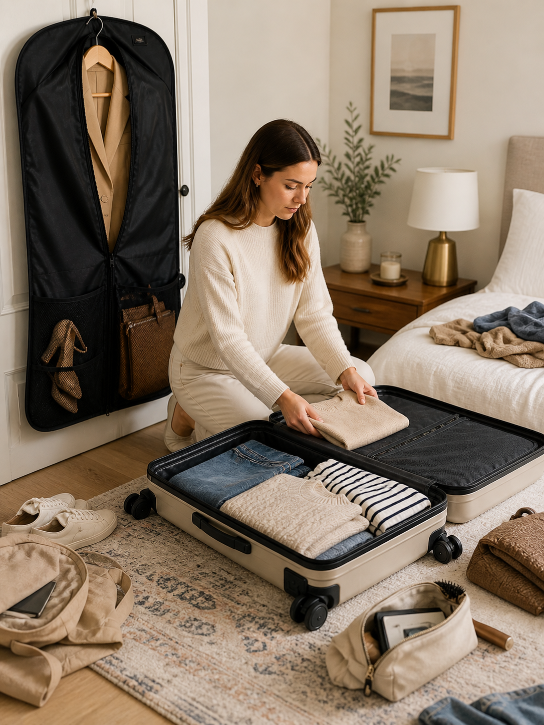 Garment bag storing suits and outfits neatly for travel, interviews, and work