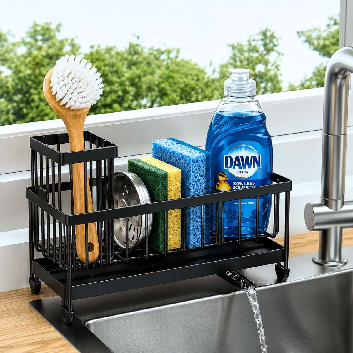 sink caddy organizer for keeping dish soap and sponges tidy and contained