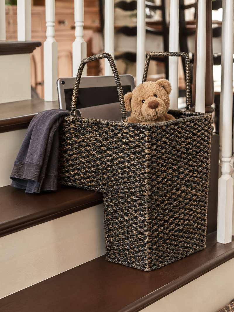 stair basket for keeping everyday items that belong upstairs organized