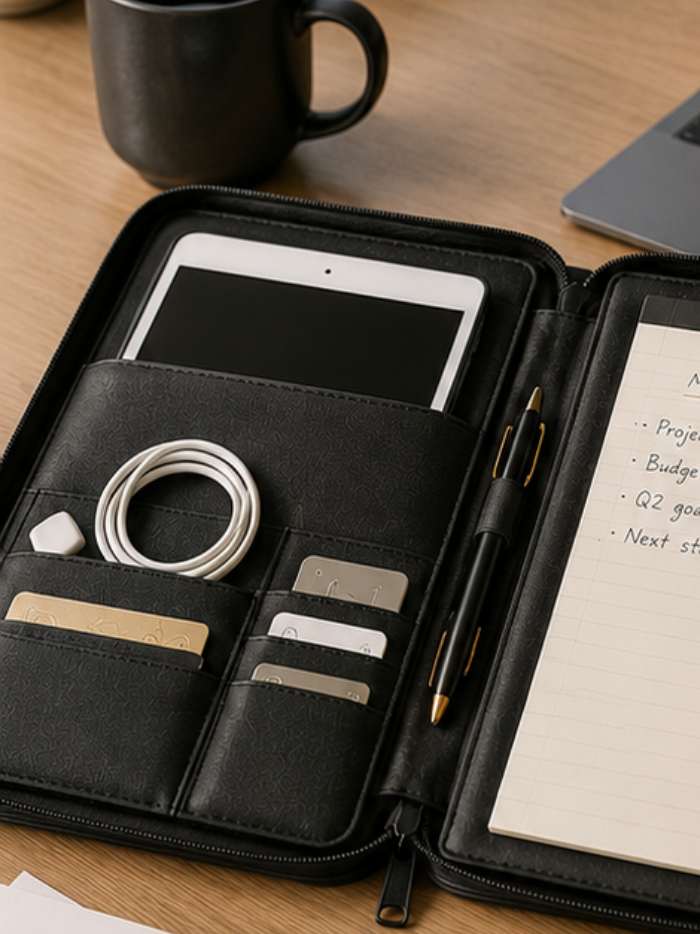 Tech folio holding tablet, documents, and notes organized for meetings or interviews