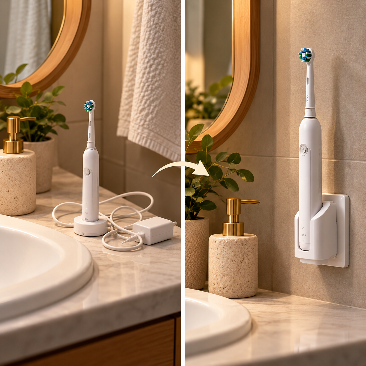 Electric toothbrush charging dock mounted on a bathroom wall to free up counter space