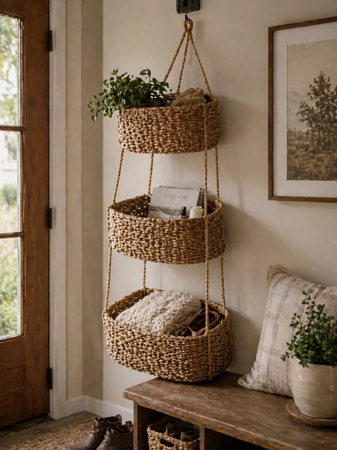 tiered wall baskets for entryway storage