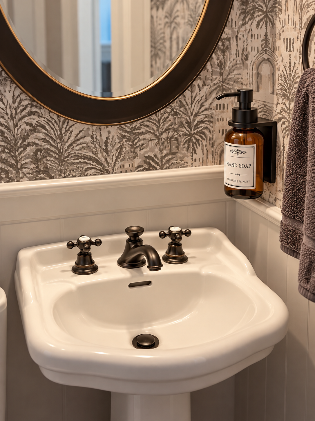 Amber glass soap dispenser with black wall-mounted holder and pump