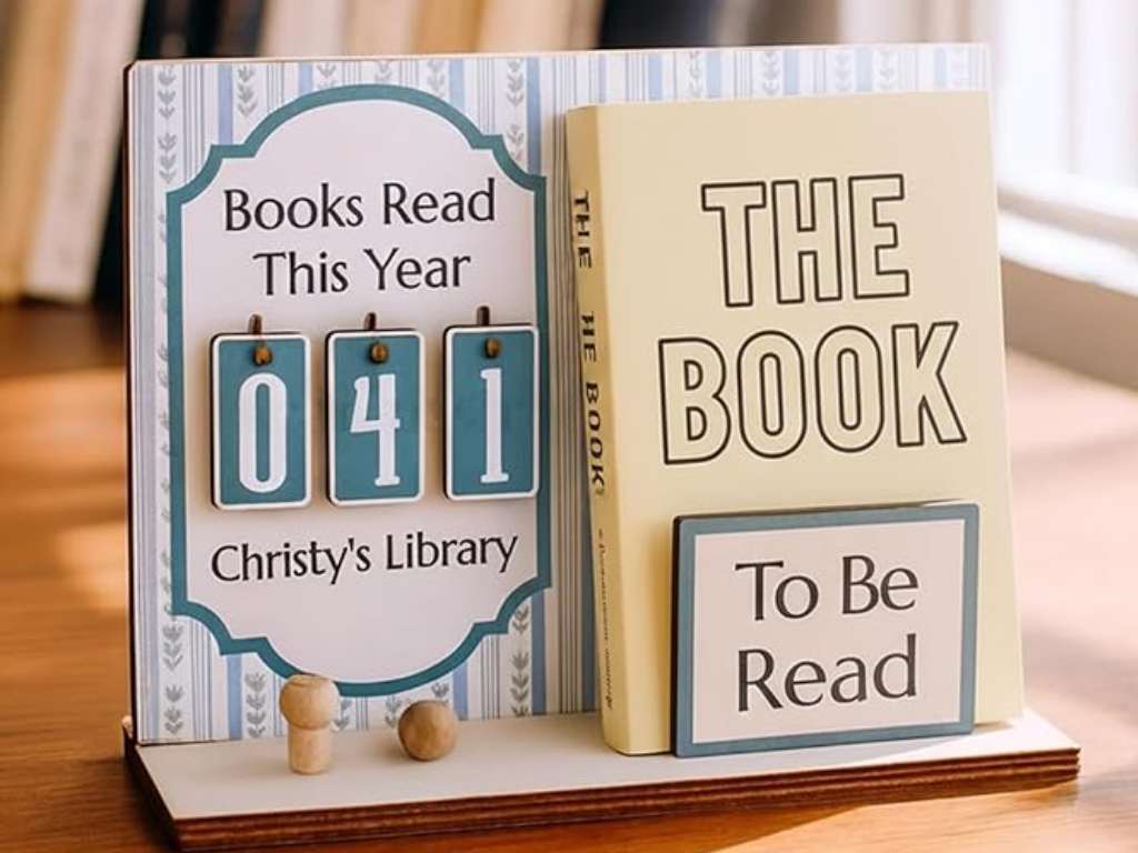 decorative book tracker sign for cozy reading corner