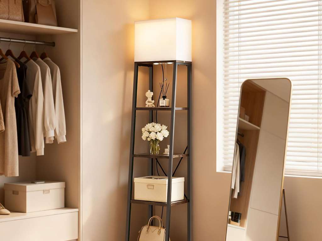 ladder shelf with built-in lamp for small spaces