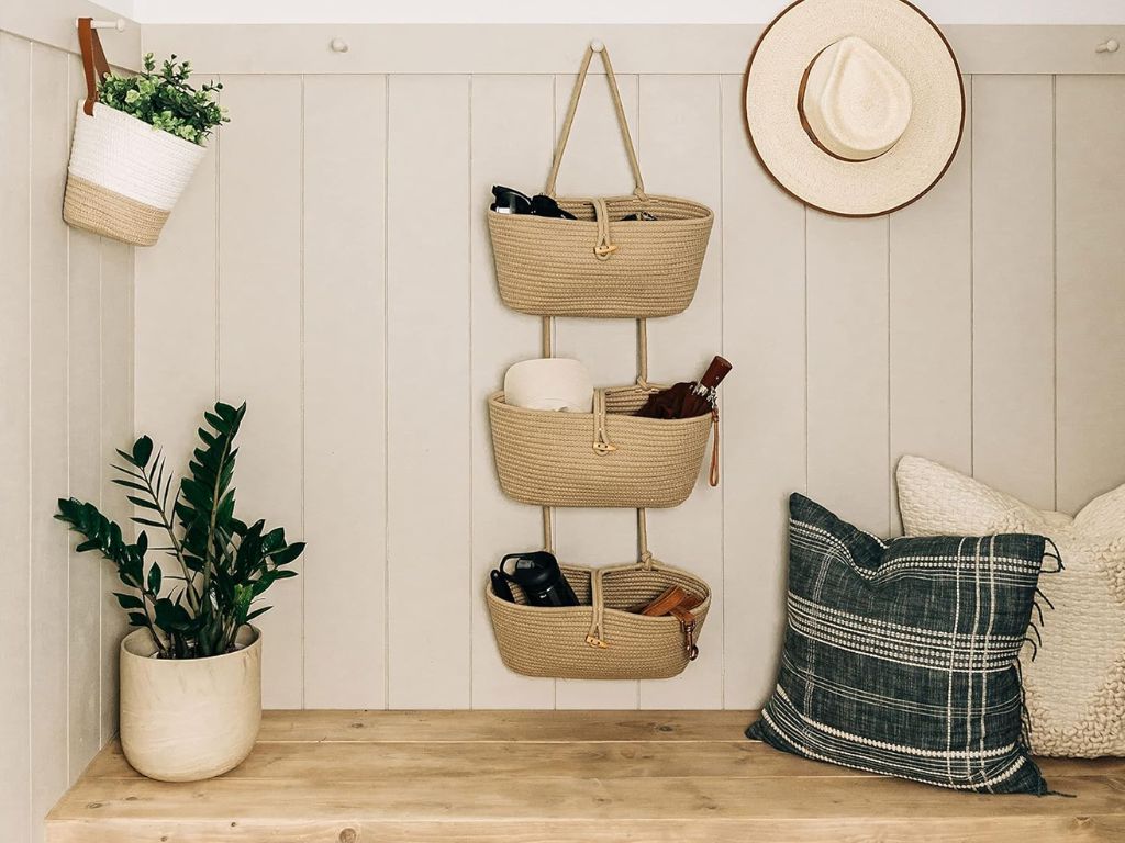wall-mounted basket storage for small home organization