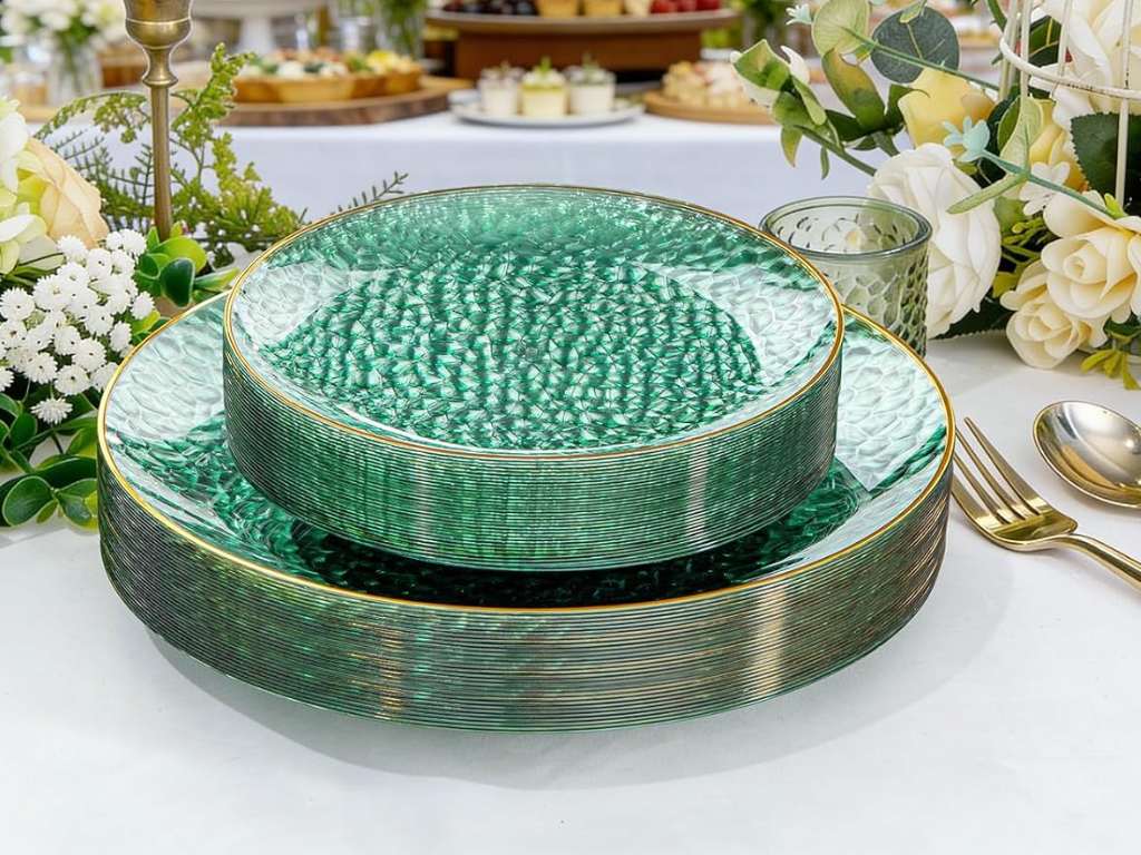 spring table setting with floral decor and green plates for hosting