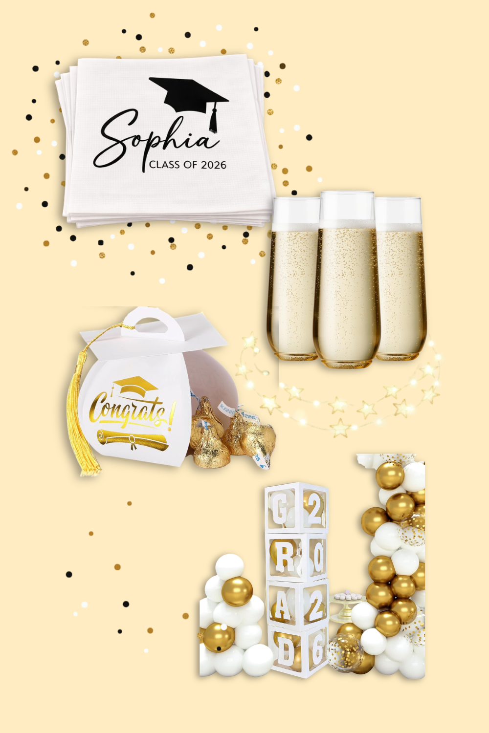 graduation party setup with balloons, champagne glasses, and celebration decor