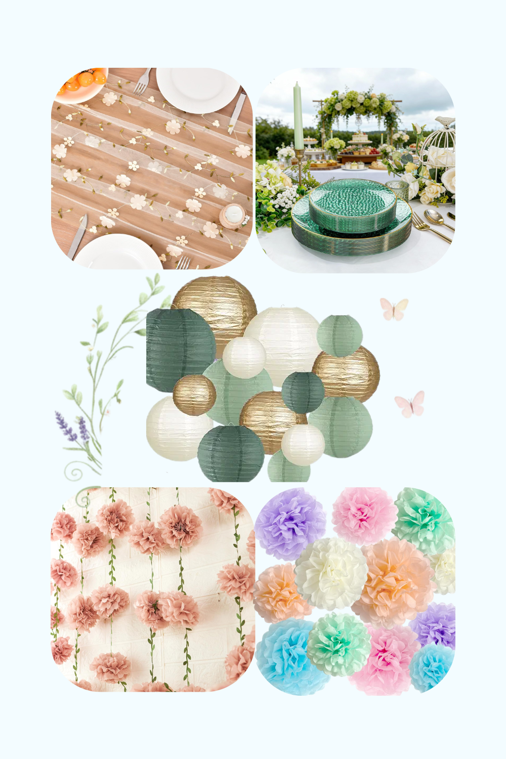 spring table setting with floral decor, plates, and pastel decorations