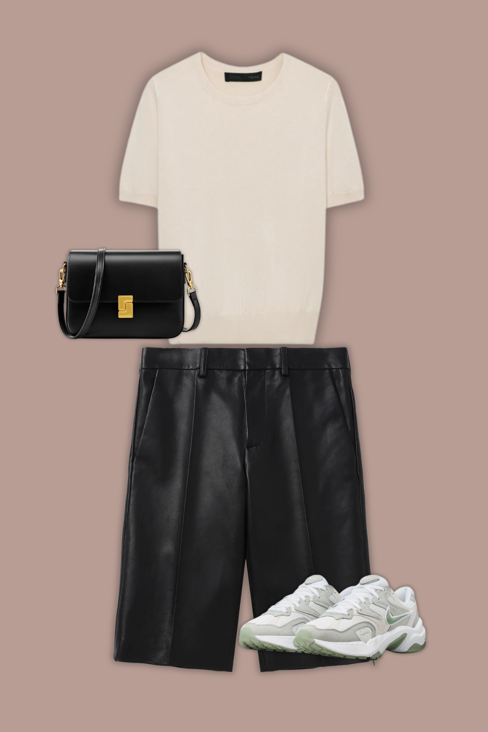 spring outfit with leather bermuda shorts, knit top, and sneakers