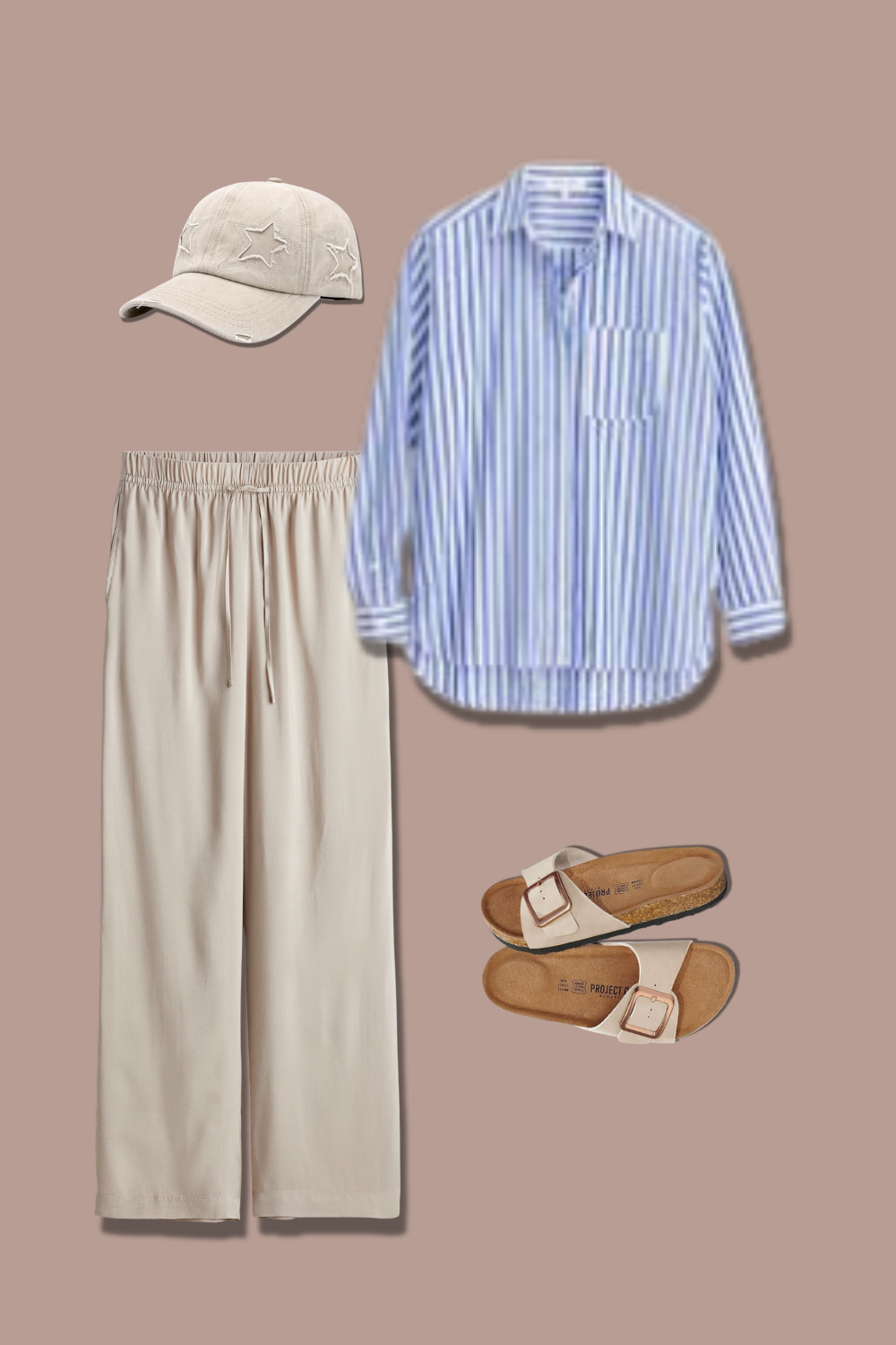 spring outfit with linen pants, striped shirt, cap, and flat sandals
