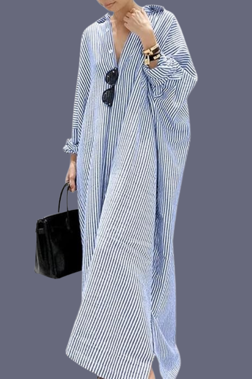 casual spring outfit with blue striped shirt dress and black tote bag